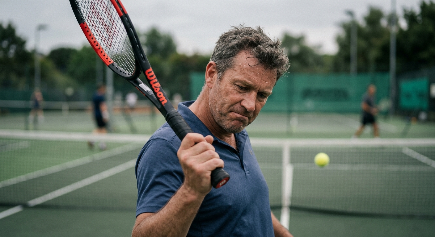 A recreational player looking down at his racket after hitting a weak serve on a hard court