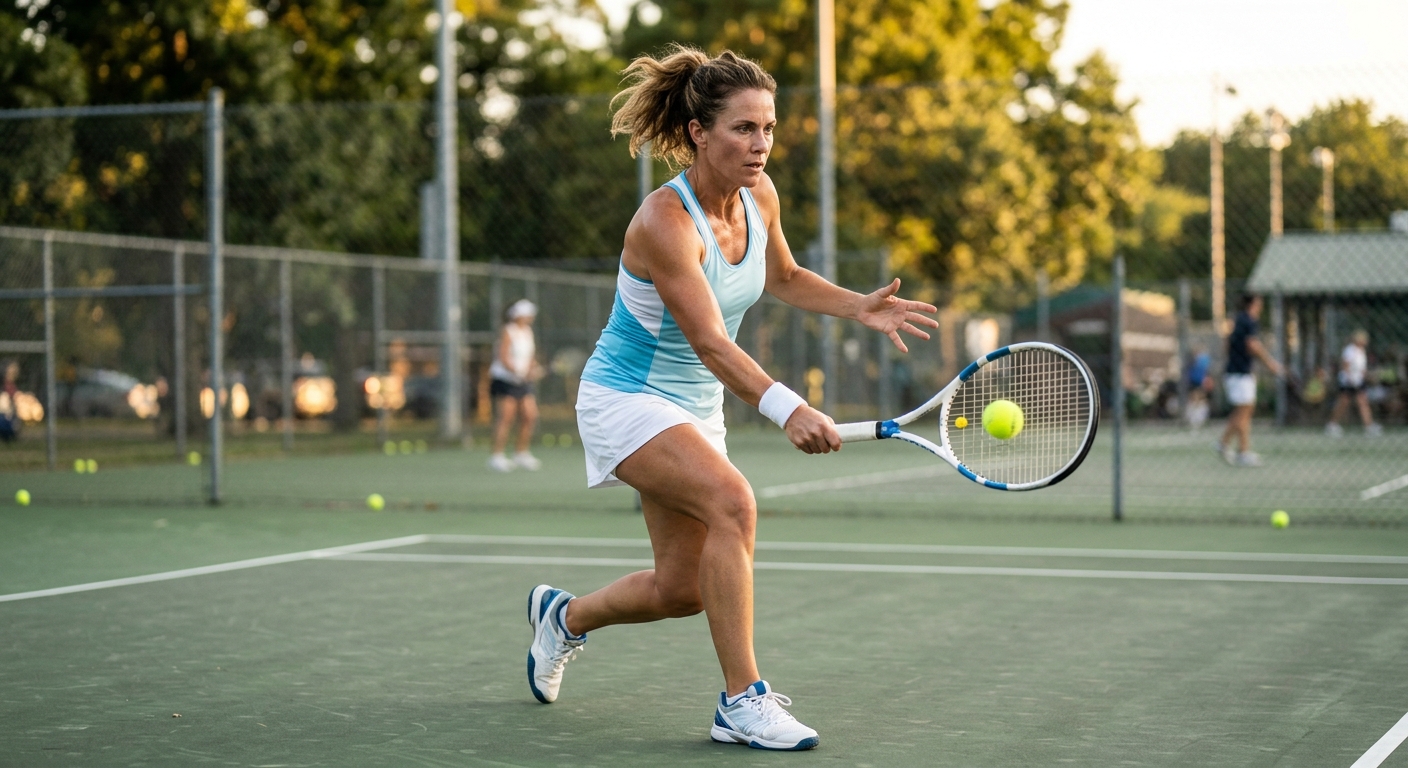Female recreational tennis player striking a forehand on a hard court