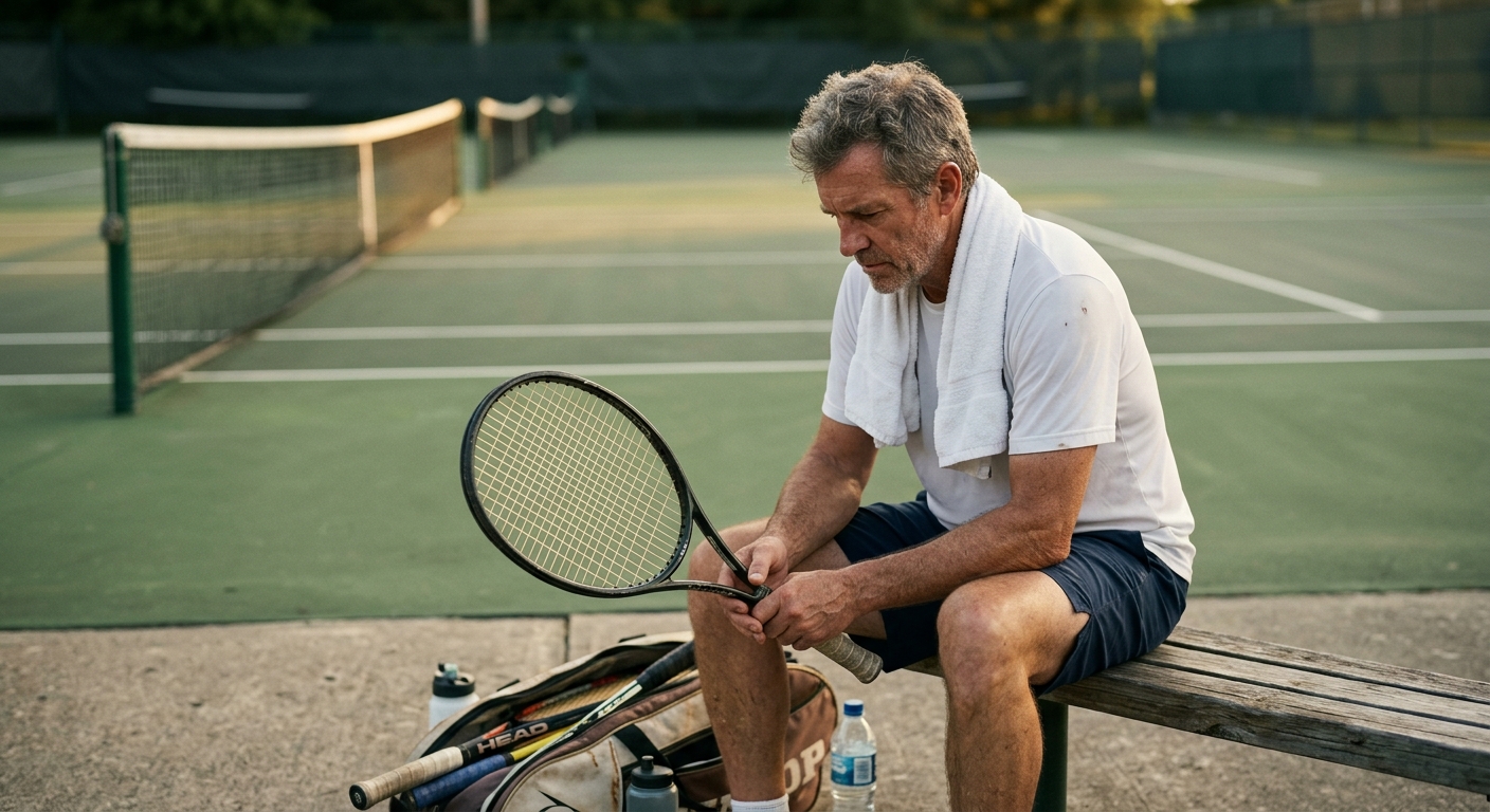 Club player sitting on a sideline bench looking at his racket with quiet determination