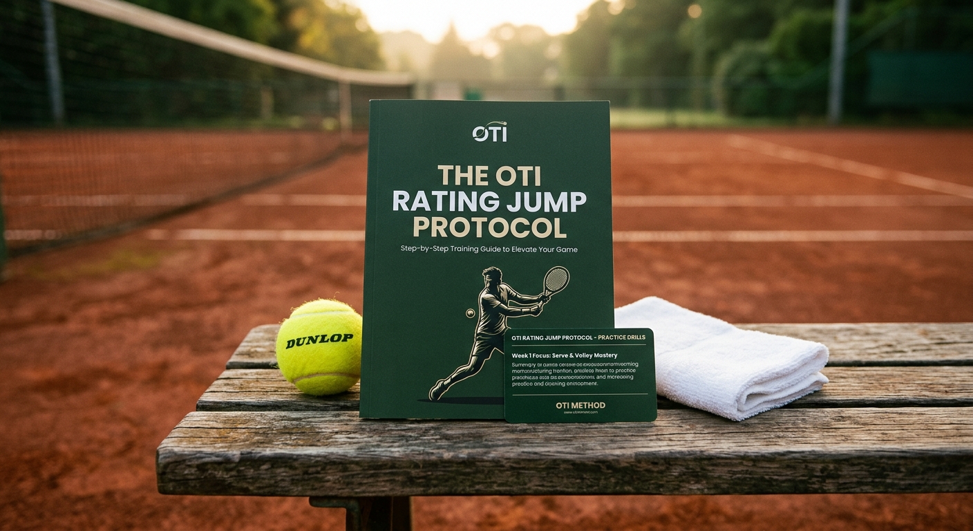 The OTI Rating Jump Protocol workbook on a wooden bench beside a clay court
