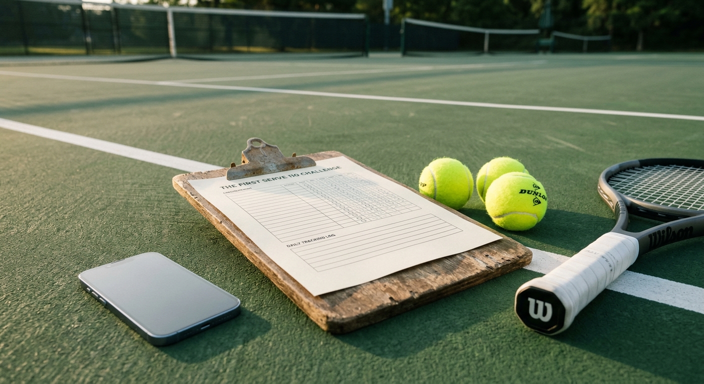 The First Serve 110 Challenge tracking sheet on a clipboard on a green hard court
