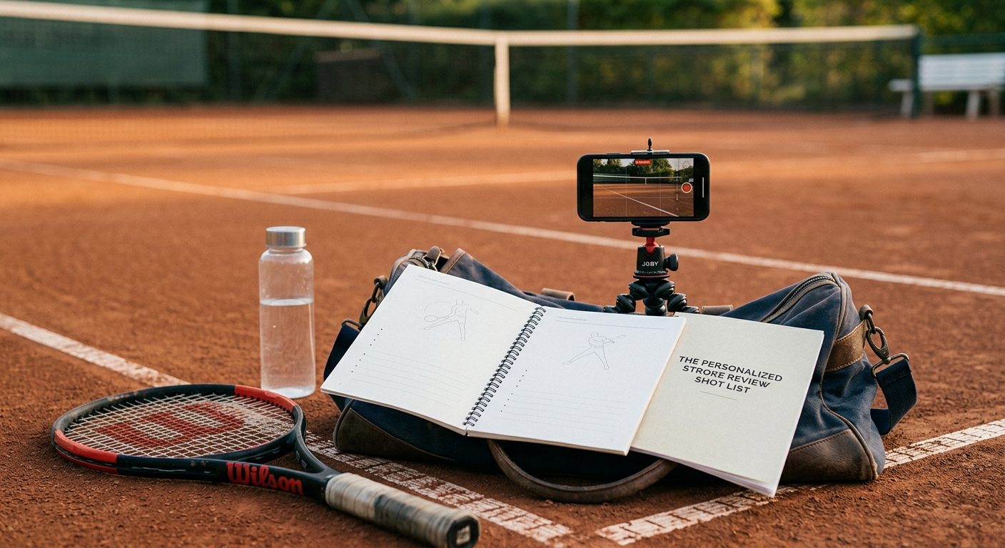The Personalized Stroke Review Shot List open on a gym bag next to a phone tripod on a clay court