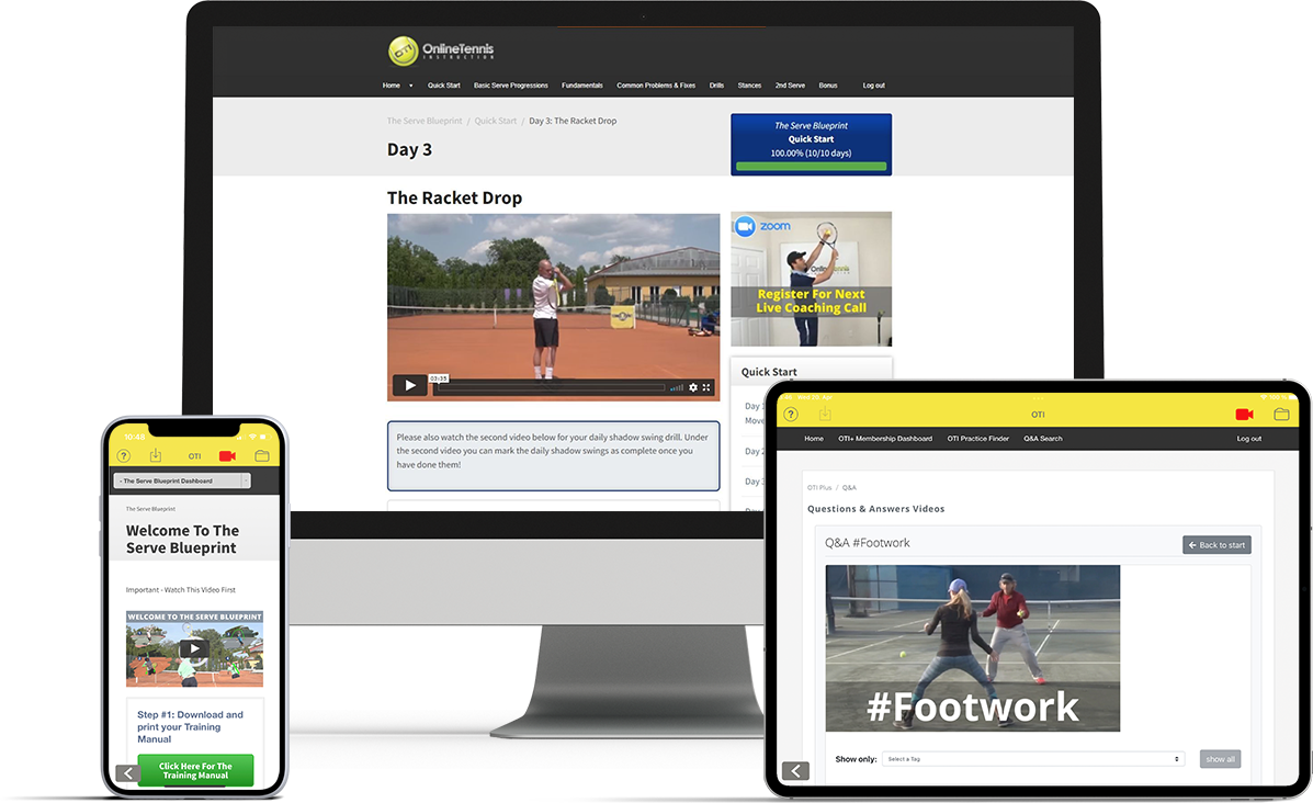 The OTI Digital Coach platform displayed on laptop, tablet, and phone