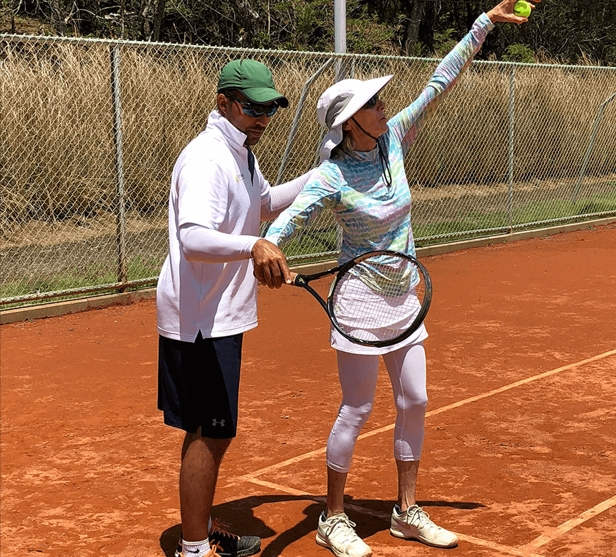 Frame-by-frame stroke analysis overlay on a serve motion